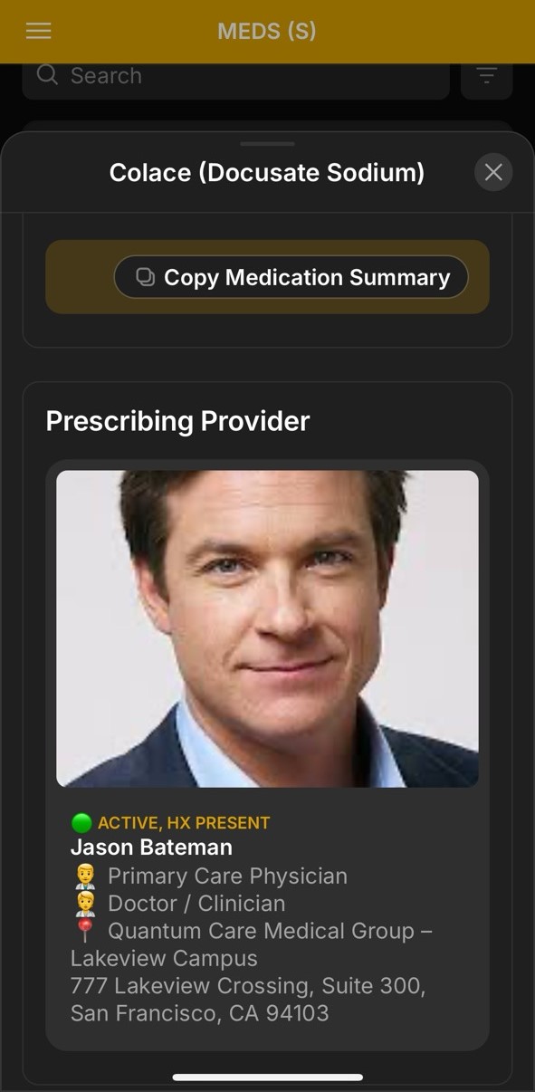 Medications Detail Page (Colace, Last Prescriber)